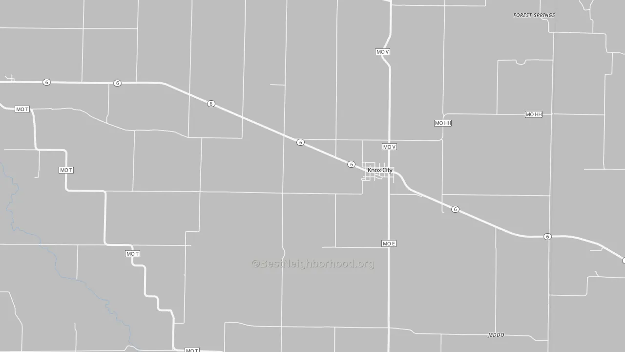 Walk Grade map of Knox City, MO, walkable areas in green and car-dependent areas in red