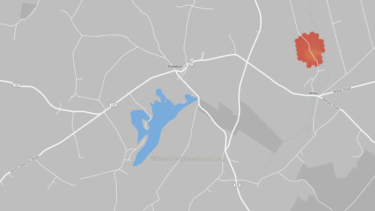 Walk Grade map of Knox Corner, ME, walkable areas in green and car-dependent areas in red