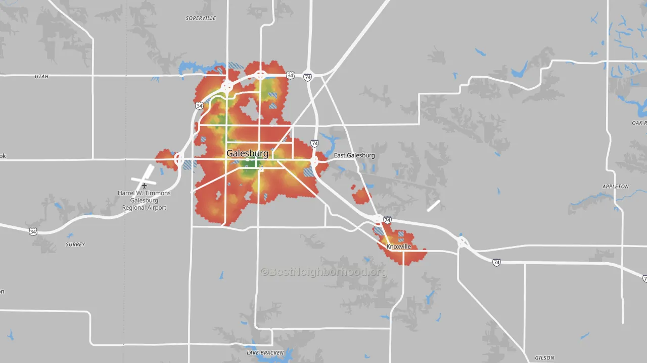 Walk Grade map of Knox County, IL, walkable areas in green and car-dependent areas in red