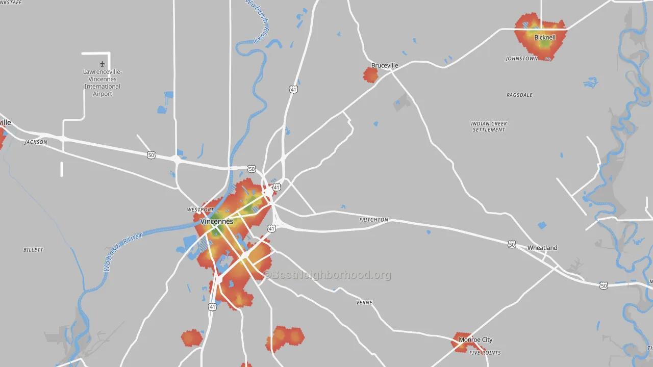 Walk Grade map of Knox County, IN, walkable areas in green and car-dependent areas in red