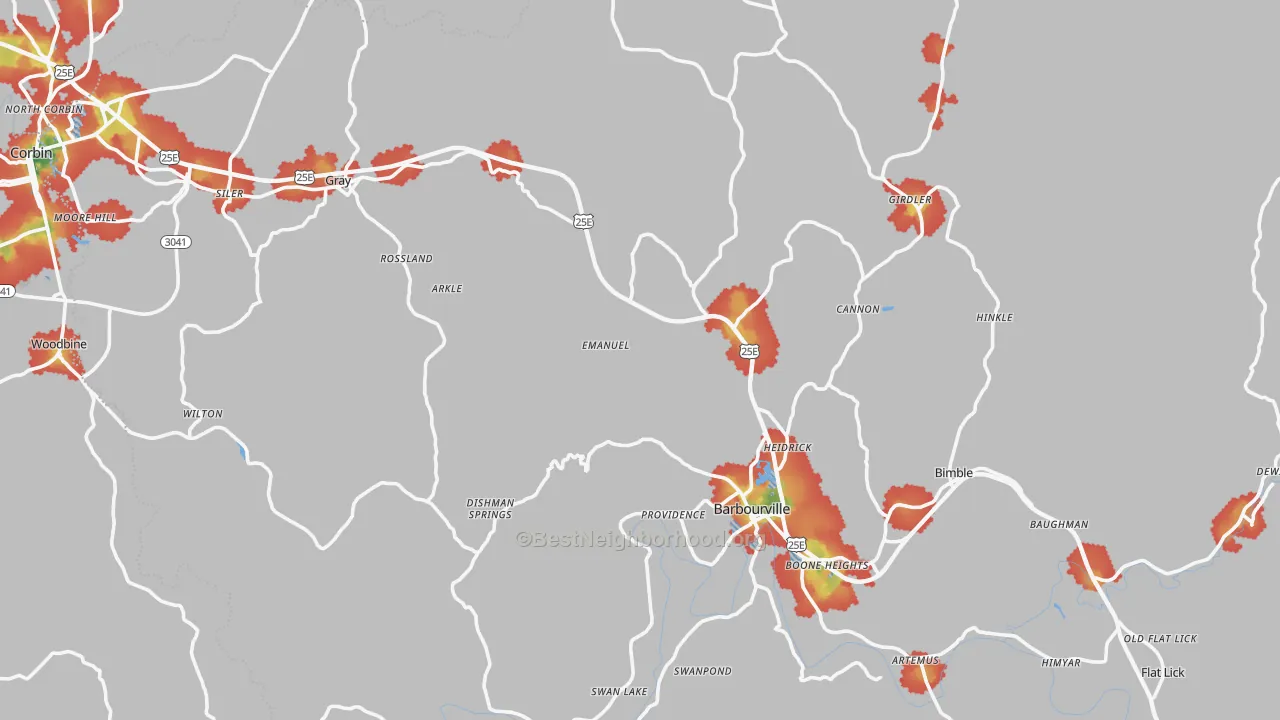 Walk Grade map of Knox County, KY, walkable areas in green and car-dependent areas in red