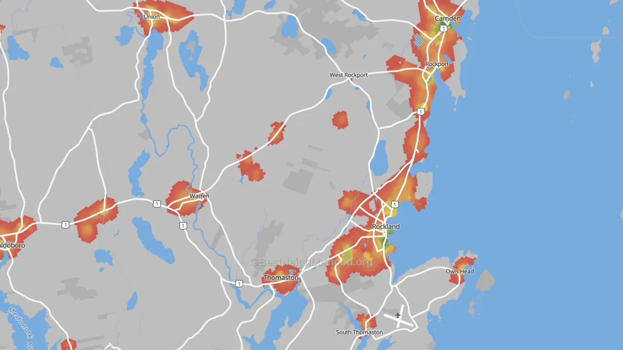 Walk Grade map of Knox County, ME, walkable areas in green and car-dependent areas in red