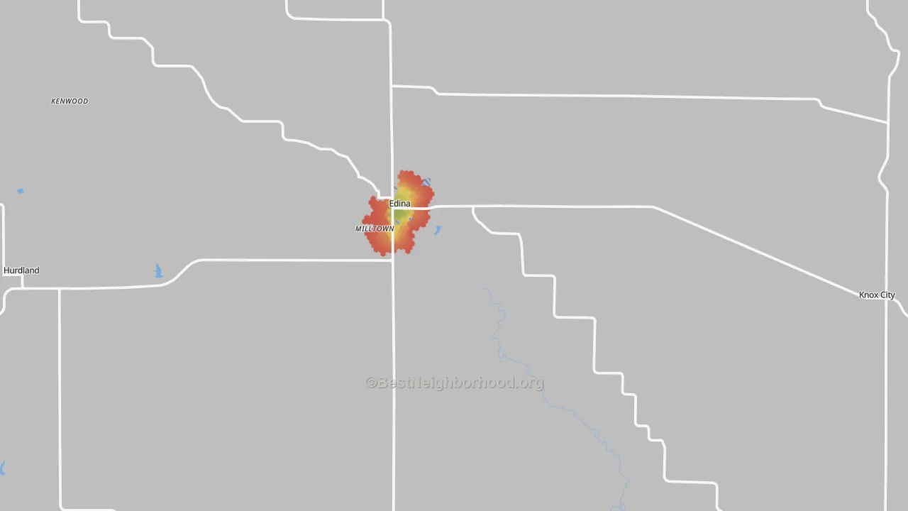 Walk Grade map of Knox County, MO, walkable areas in green and car-dependent areas in red