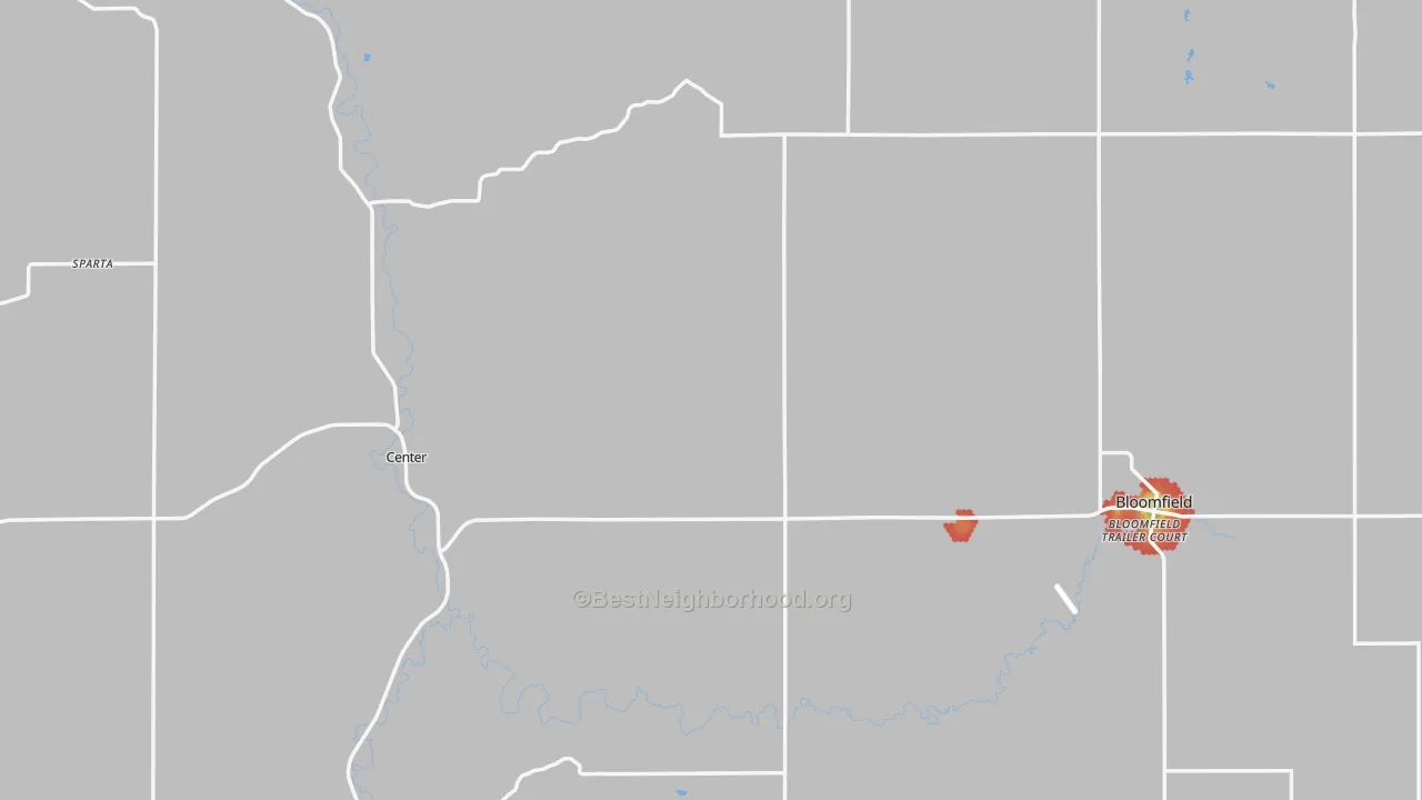 Walk Grade map of Knox County, NE, walkable areas in green and car-dependent areas in red