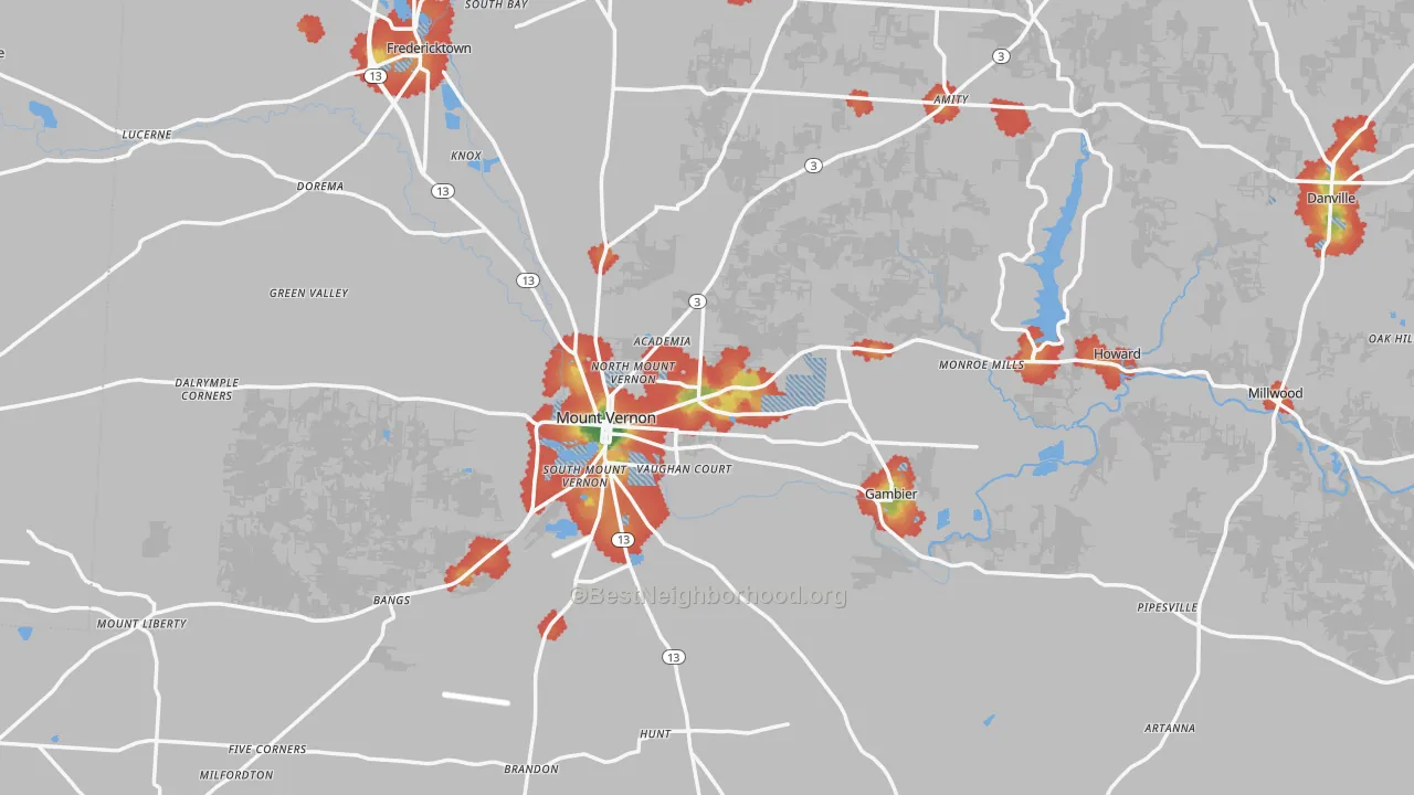 Walk Grade map of Knox County, OH, walkable areas in green and car-dependent areas in red