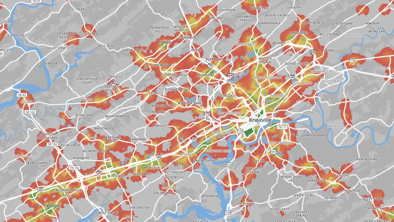Walk Grade map of Knox County, TN, walkable areas in green and car-dependent areas in red