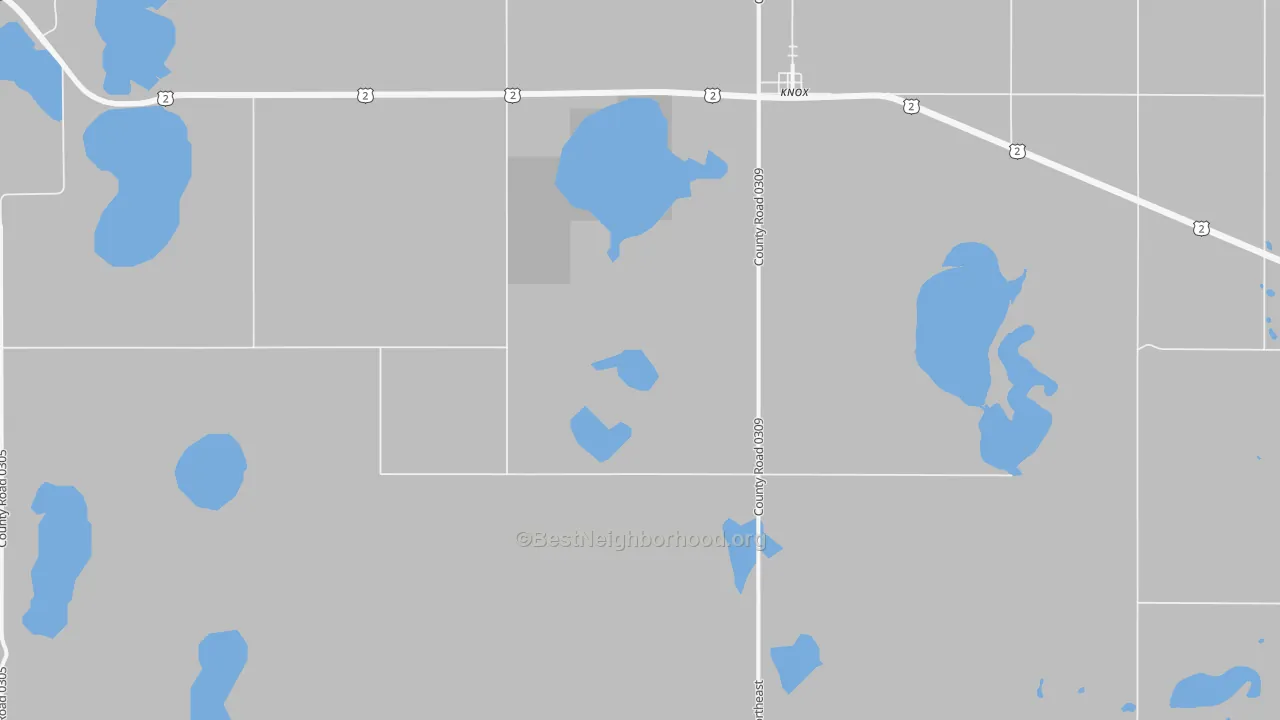 Walk Grade map of Knox, ND, walkable areas in green and car-dependent areas in red