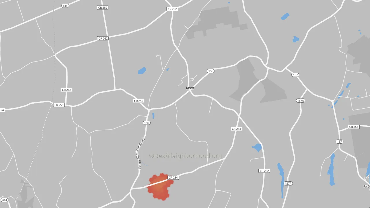 Walk Grade map of Knox, NY, walkable areas in green and car-dependent areas in red