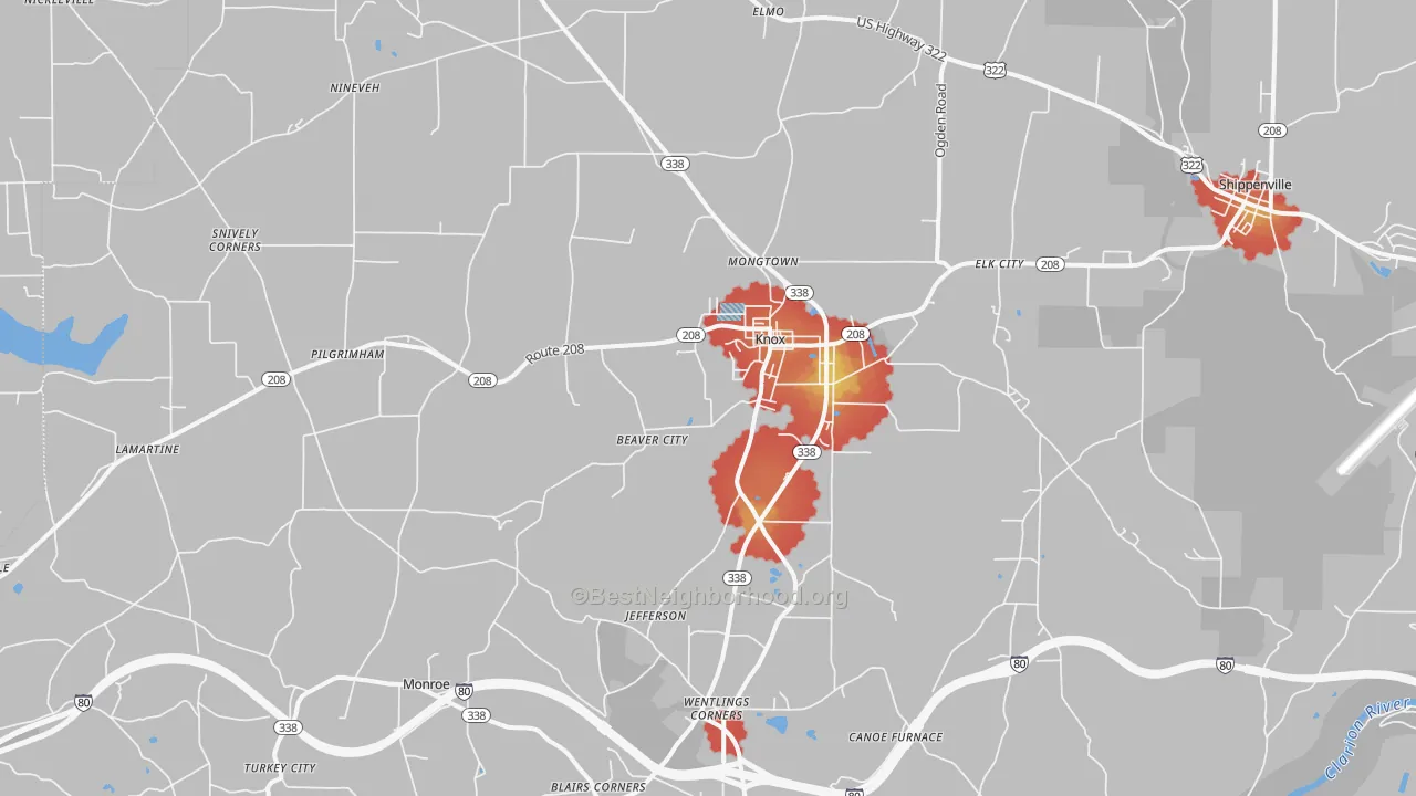 Walk Grade map of Knox, PA, walkable areas in green and car-dependent areas in red