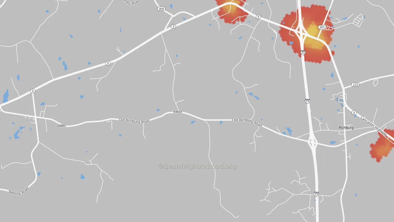 Walk Grade map of Knox, SC, walkable areas in green and car-dependent areas in red