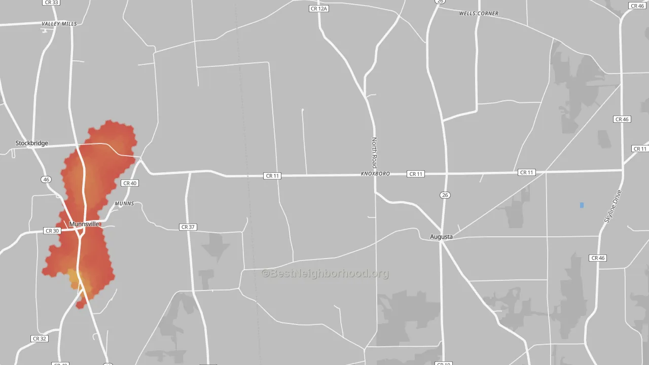 Walk Grade map of Knoxboro, NY, walkable areas in green and car-dependent areas in red
