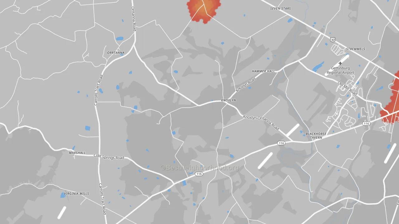 Walk Grade map of Knoxlyn, PA, walkable areas in green and car-dependent areas in red
