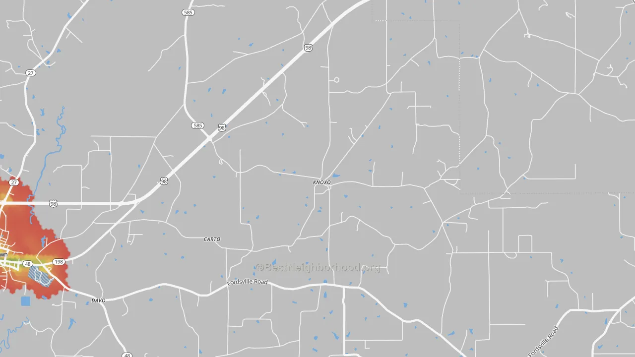 Walk Grade map of Knoxo, MS, walkable areas in green and car-dependent areas in red