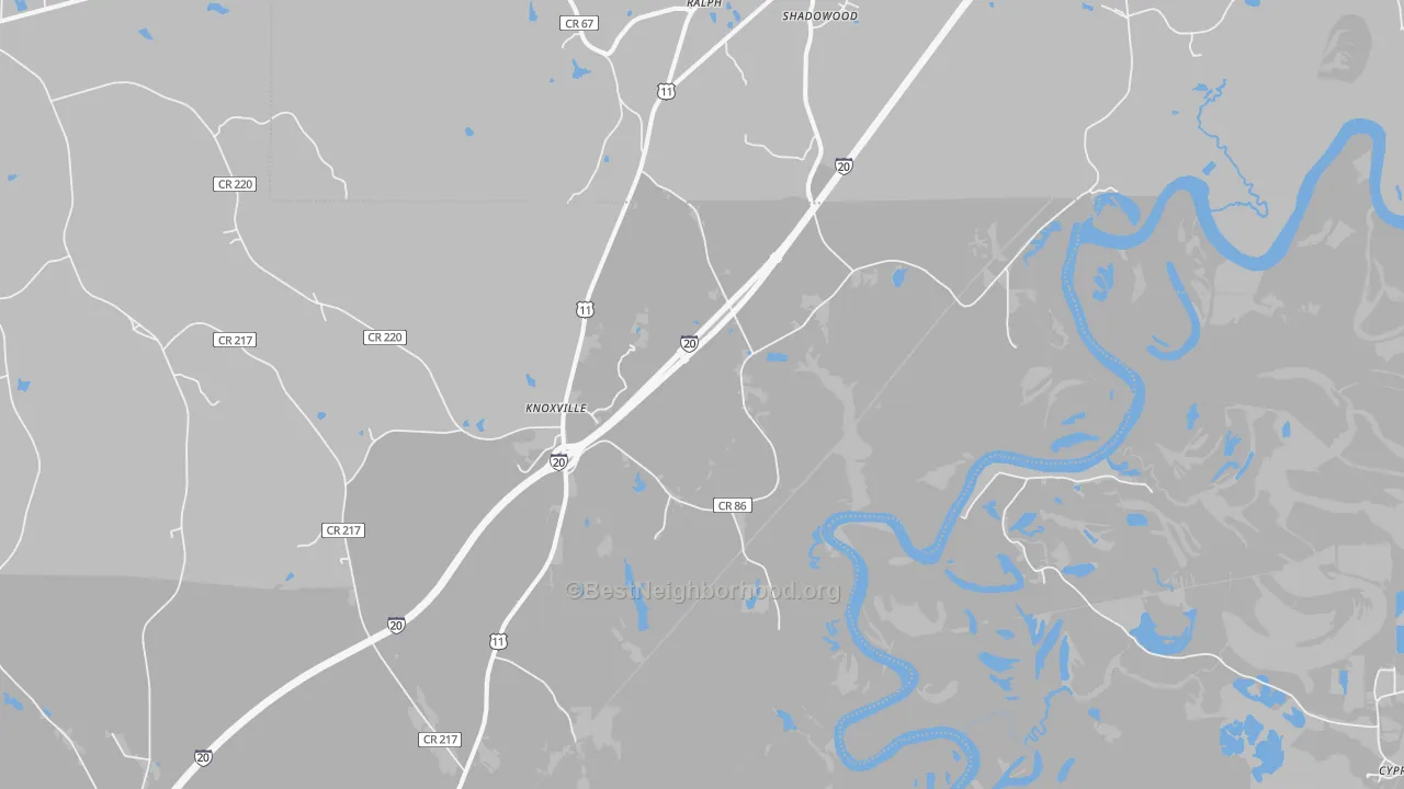 Walk Grade map of Knoxville, AL, walkable areas in green and car-dependent areas in red