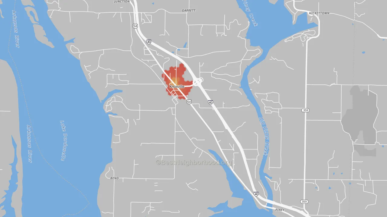 Walk Grade map of Knoxville, AR, walkable areas in green and car-dependent areas in red