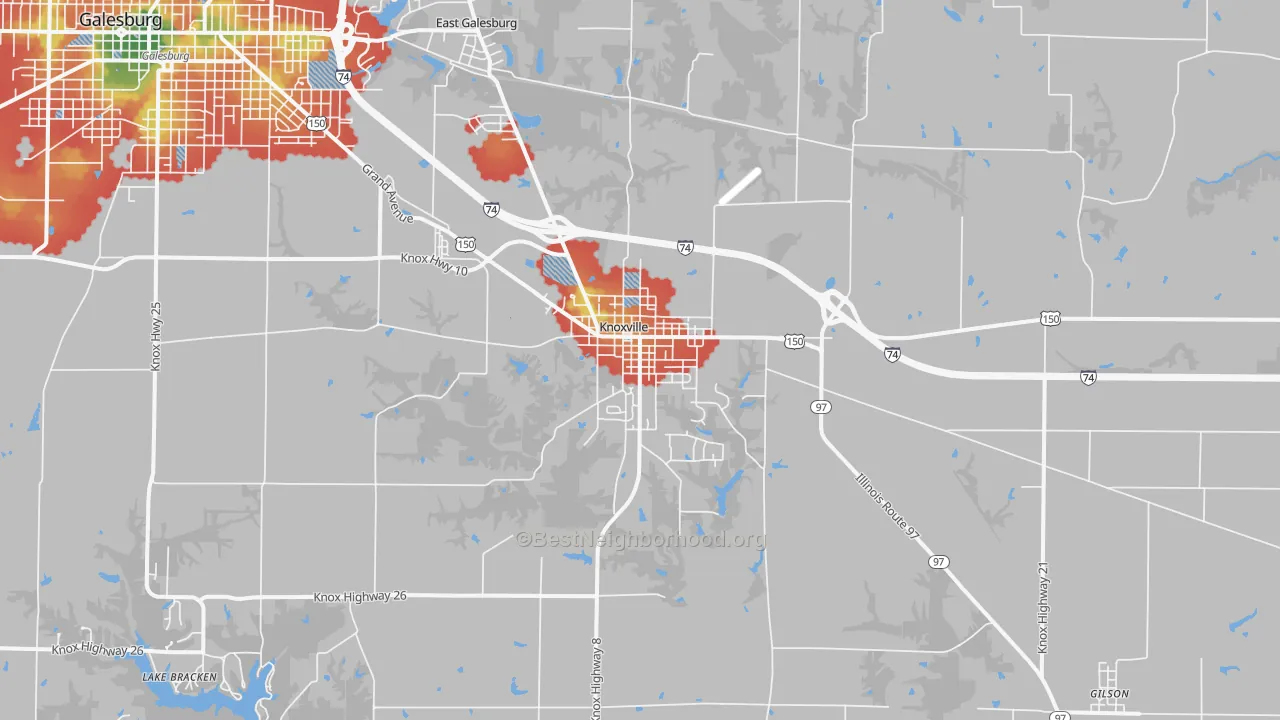 Walk Grade map of Knoxville, IL, walkable areas in green and car-dependent areas in red
