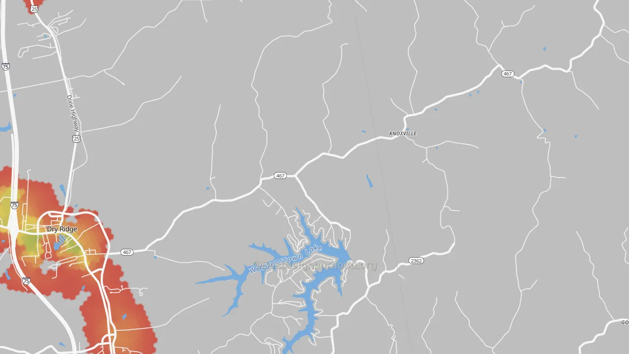 Walk Grade map of Knoxville, KY, walkable areas in green and car-dependent areas in red