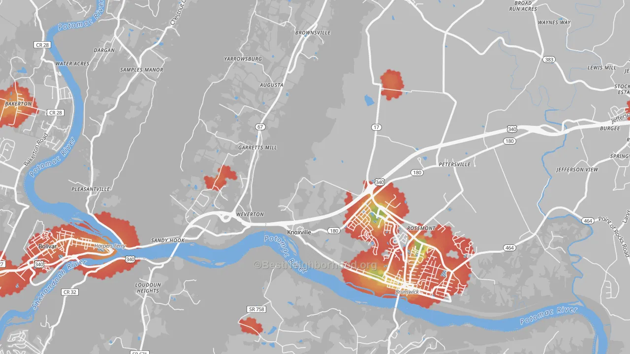 Walk Grade map of Knoxville, MD, walkable areas in green and car-dependent areas in red