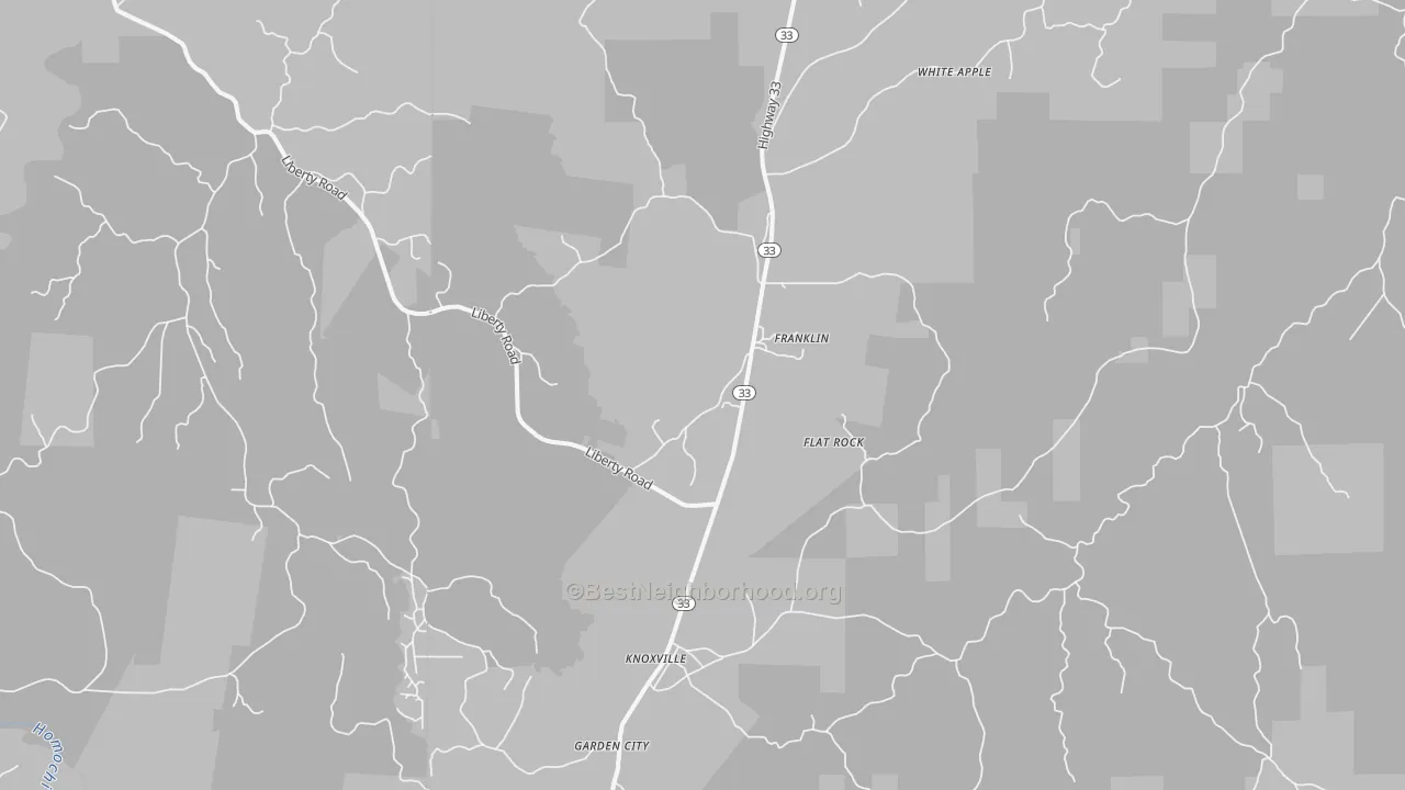 Walk Grade map of Knoxville, MS, walkable areas in green and car-dependent areas in red