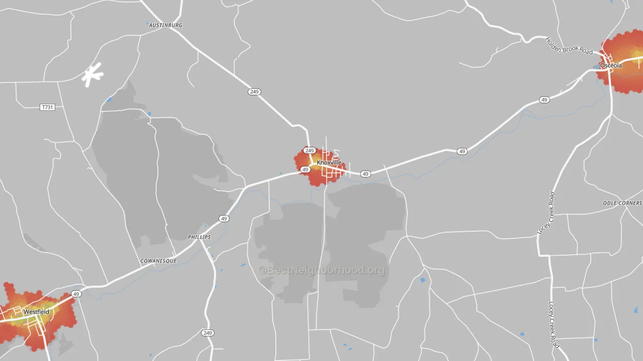 Walk Grade map of Knoxville, PA, walkable areas in green and car-dependent areas in red