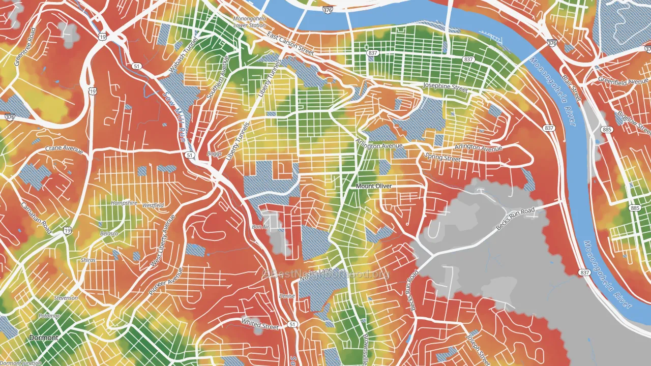 Walk Grade map of Knoxville, Pittsburgh, PA, walkable areas in green and car-dependent areas in red