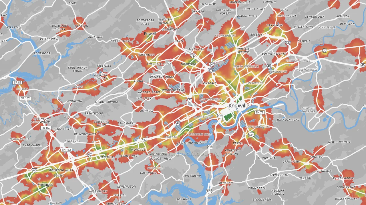 Walk Grade map of Knoxville, TN, walkable areas in green and car-dependent areas in red