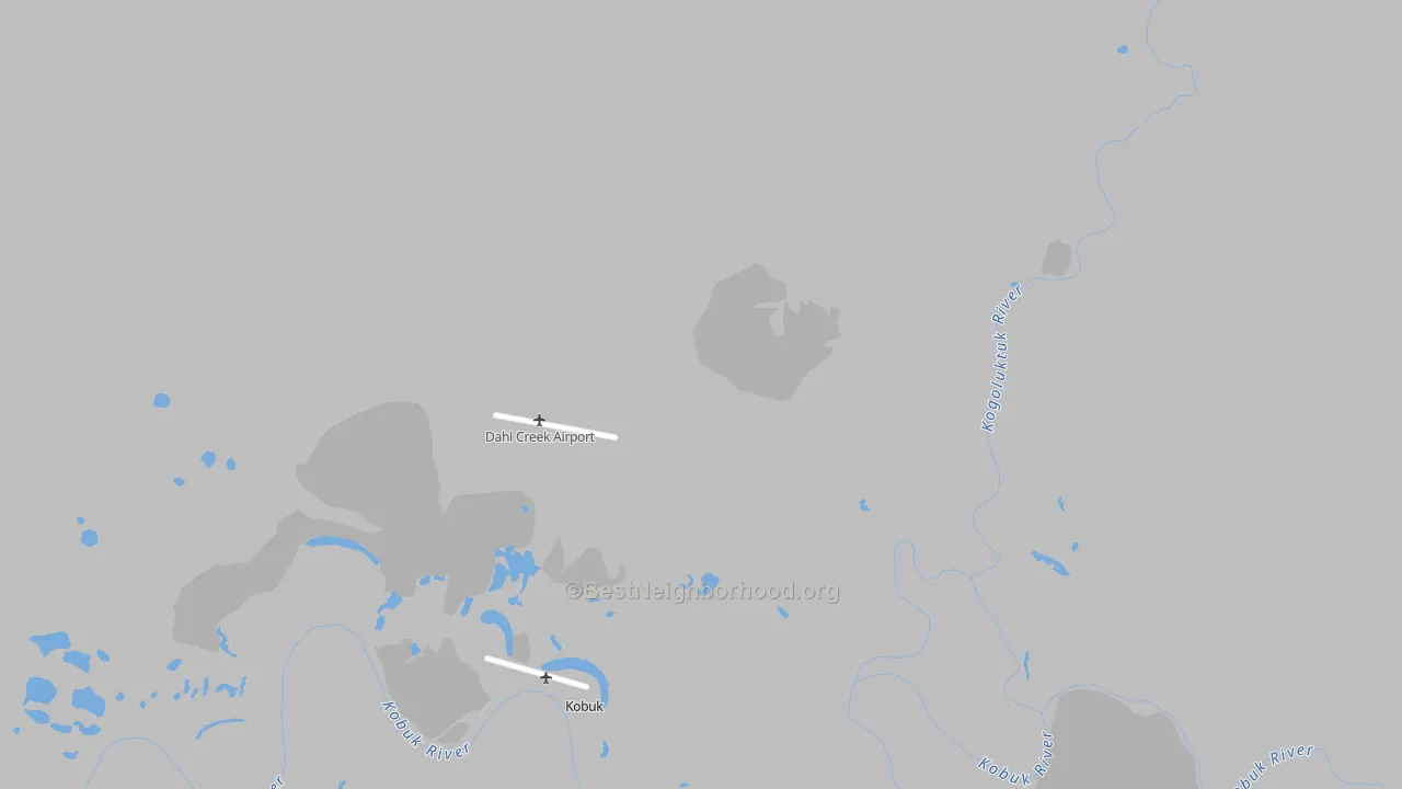 Walk Grade map of Kobuk, AK, walkable areas in green and car-dependent areas in red