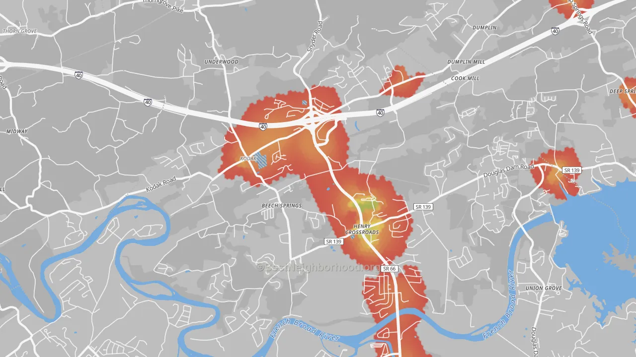 Walk Grade map of Kodak, TN, walkable areas in green and car-dependent areas in red