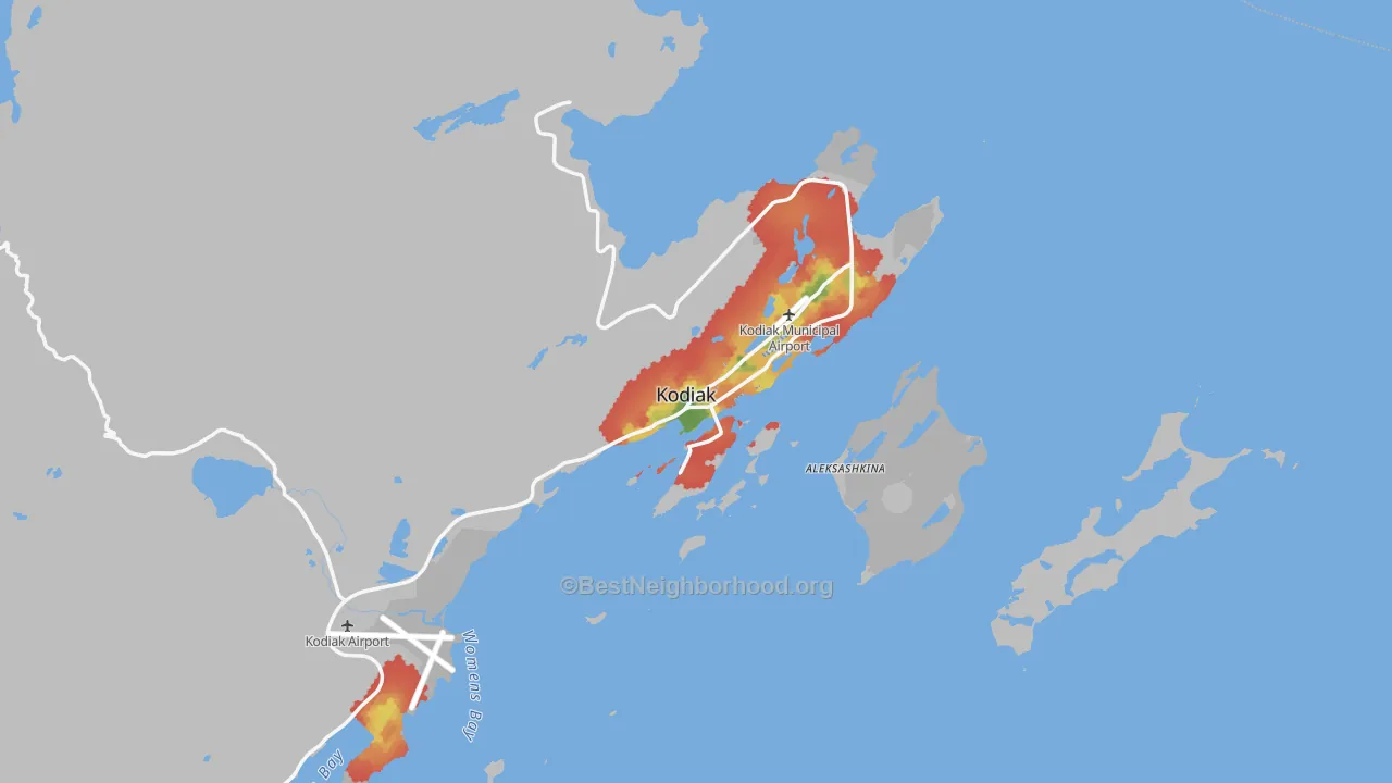 Walk Grade map of Kodiak, AK, walkable areas in green and car-dependent areas in red