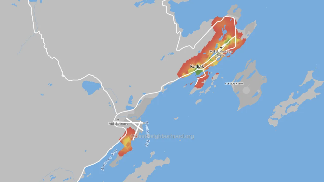 Walk Grade map of Kodiak Island Borough, AK, walkable areas in green and car-dependent areas in red