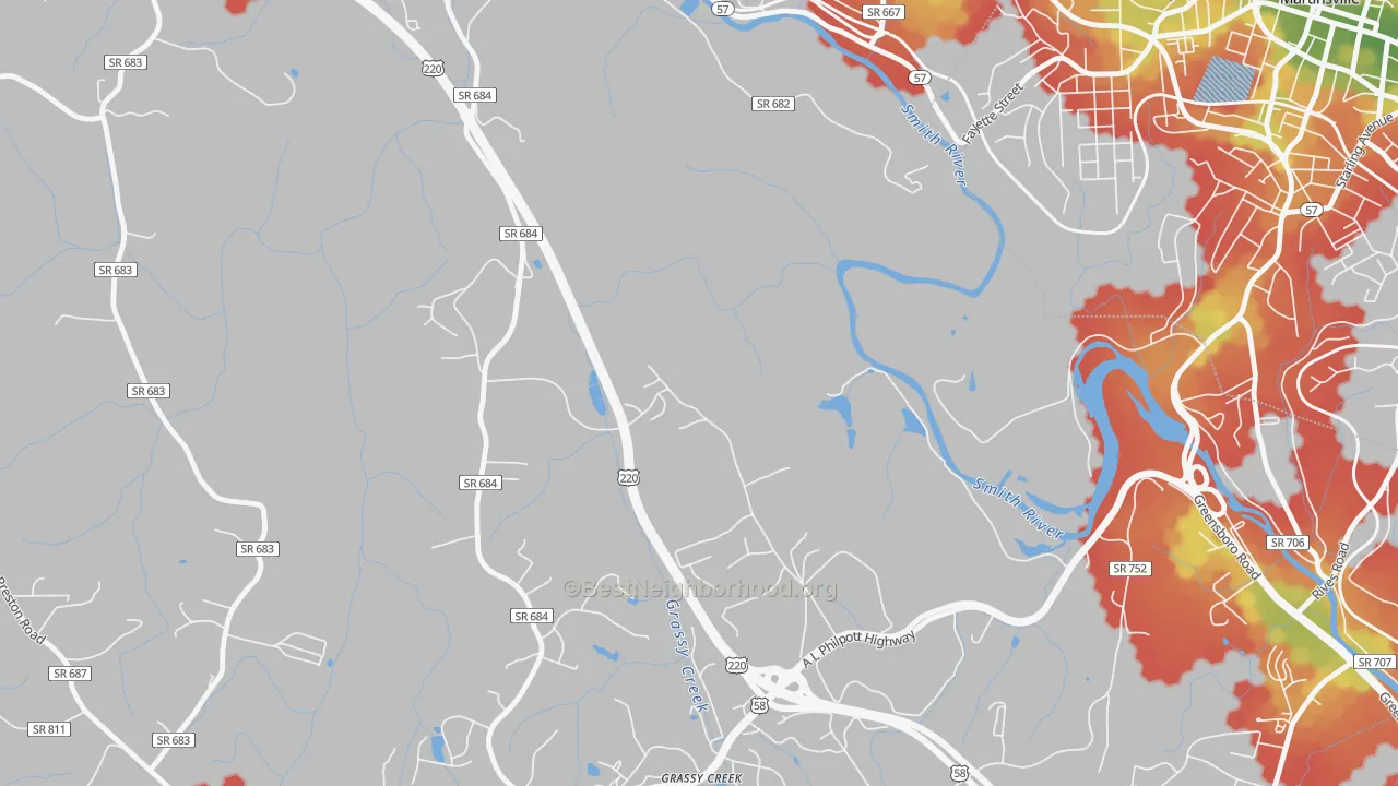 Walk Grade map of Koehler, VA, walkable areas in green and car-dependent areas in red