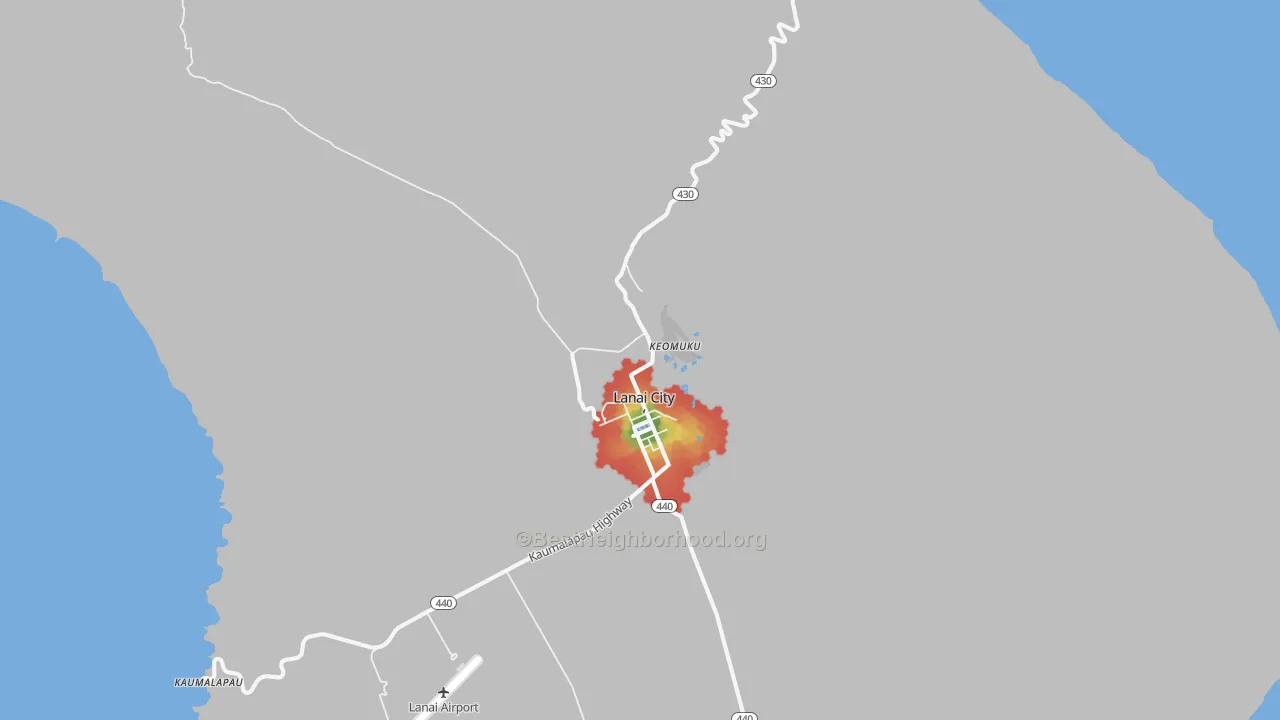 Walk Grade map of Koele, HI, walkable areas in green and car-dependent areas in red