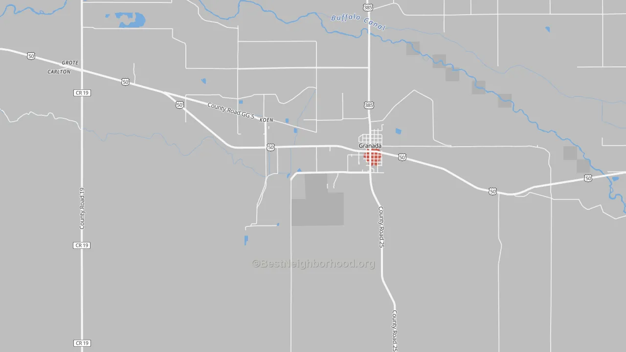 Walk Grade map of Koen, CO, walkable areas in green and car-dependent areas in red