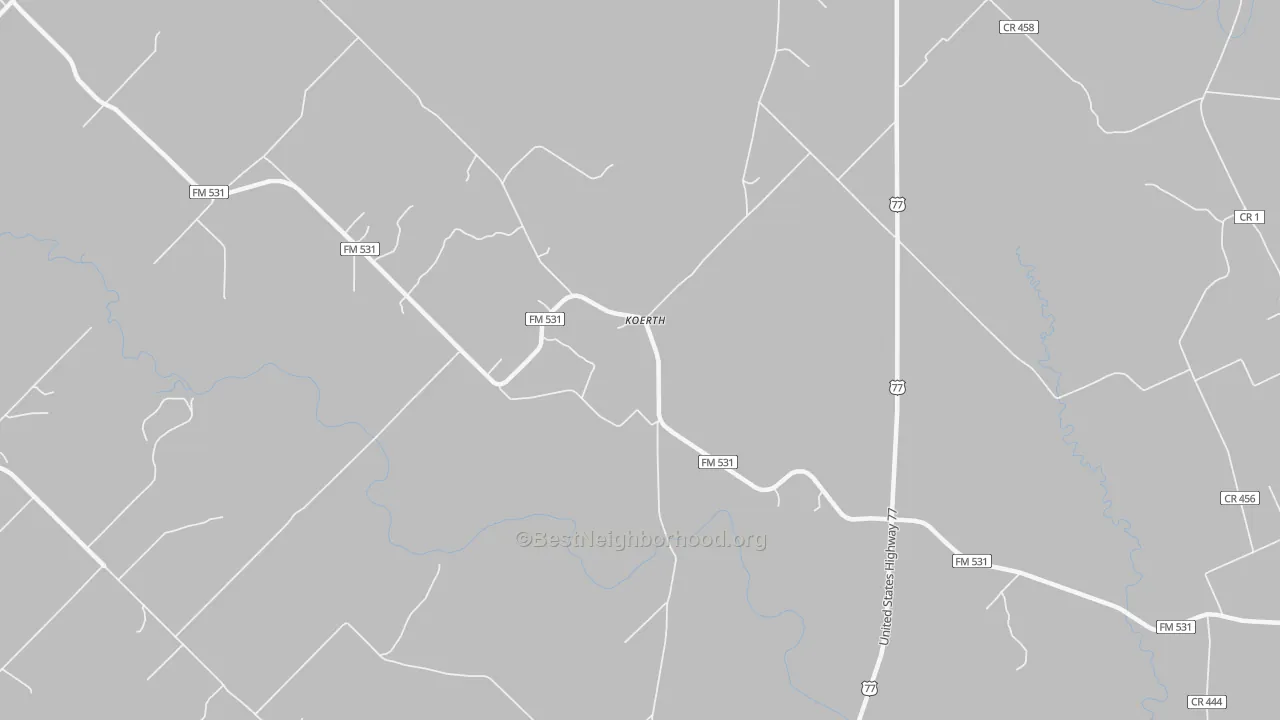 Walk Grade map of Koerth, TX, walkable areas in green and car-dependent areas in red