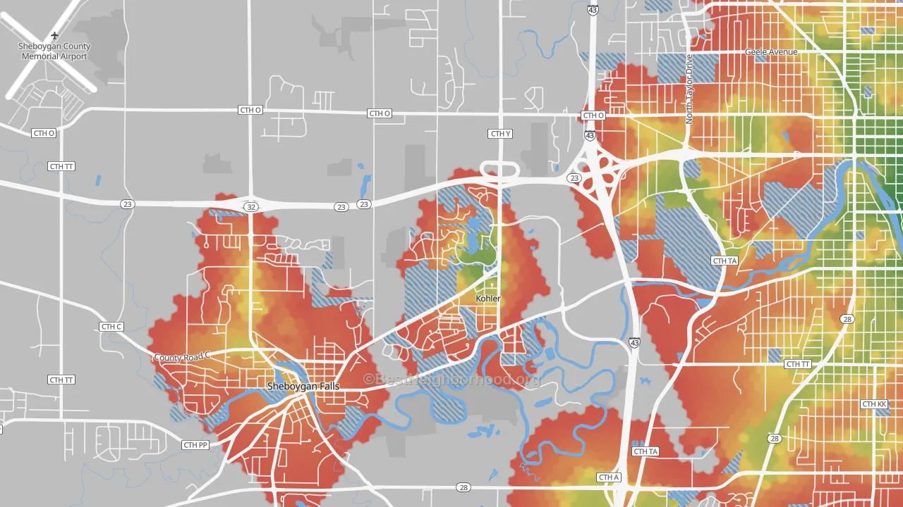 Walk Grade map of Kohler, WI, walkable areas in green and car-dependent areas in red