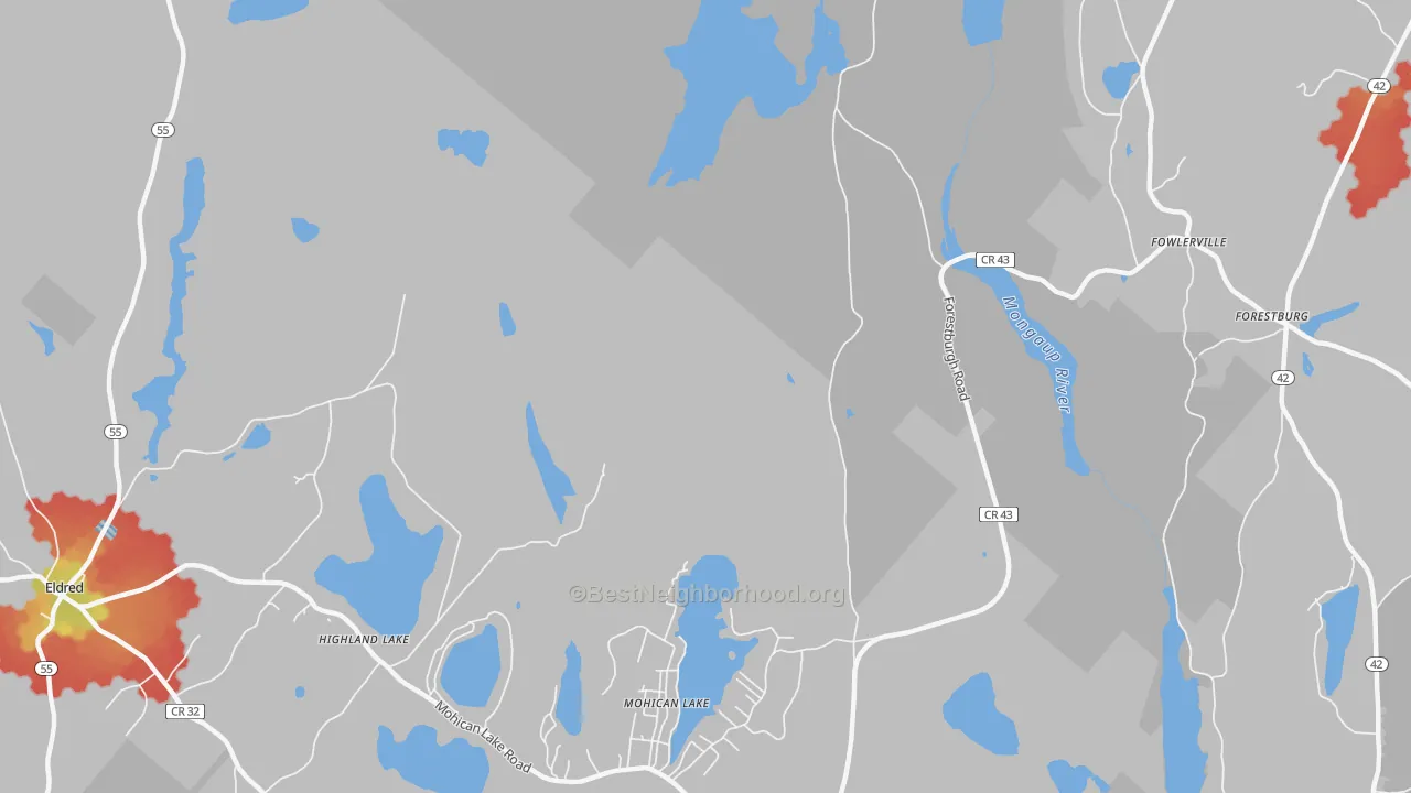Walk Grade map of Kohlertown, NY, walkable areas in green and car-dependent areas in red