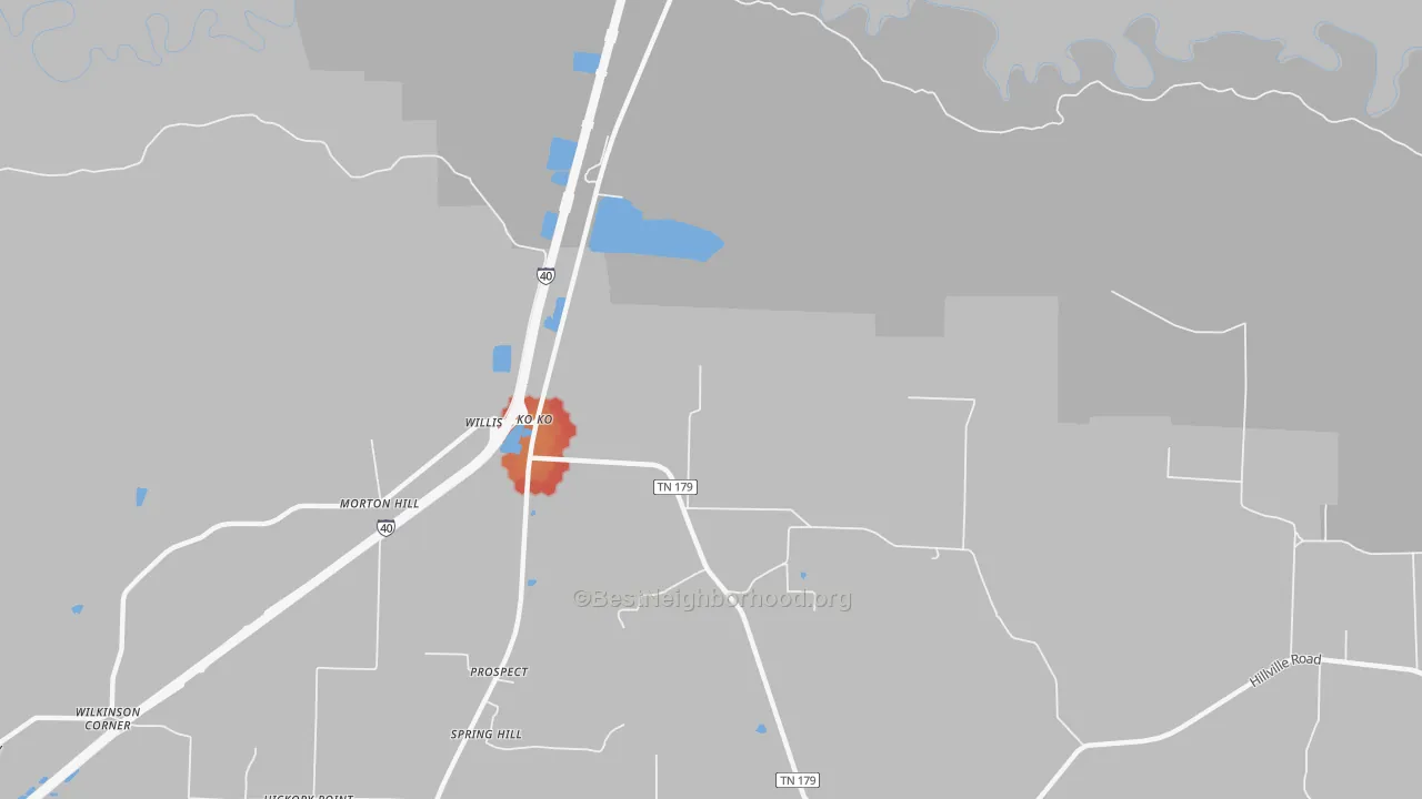 Walk Grade map of Koko, TN, walkable areas in green and car-dependent areas in red