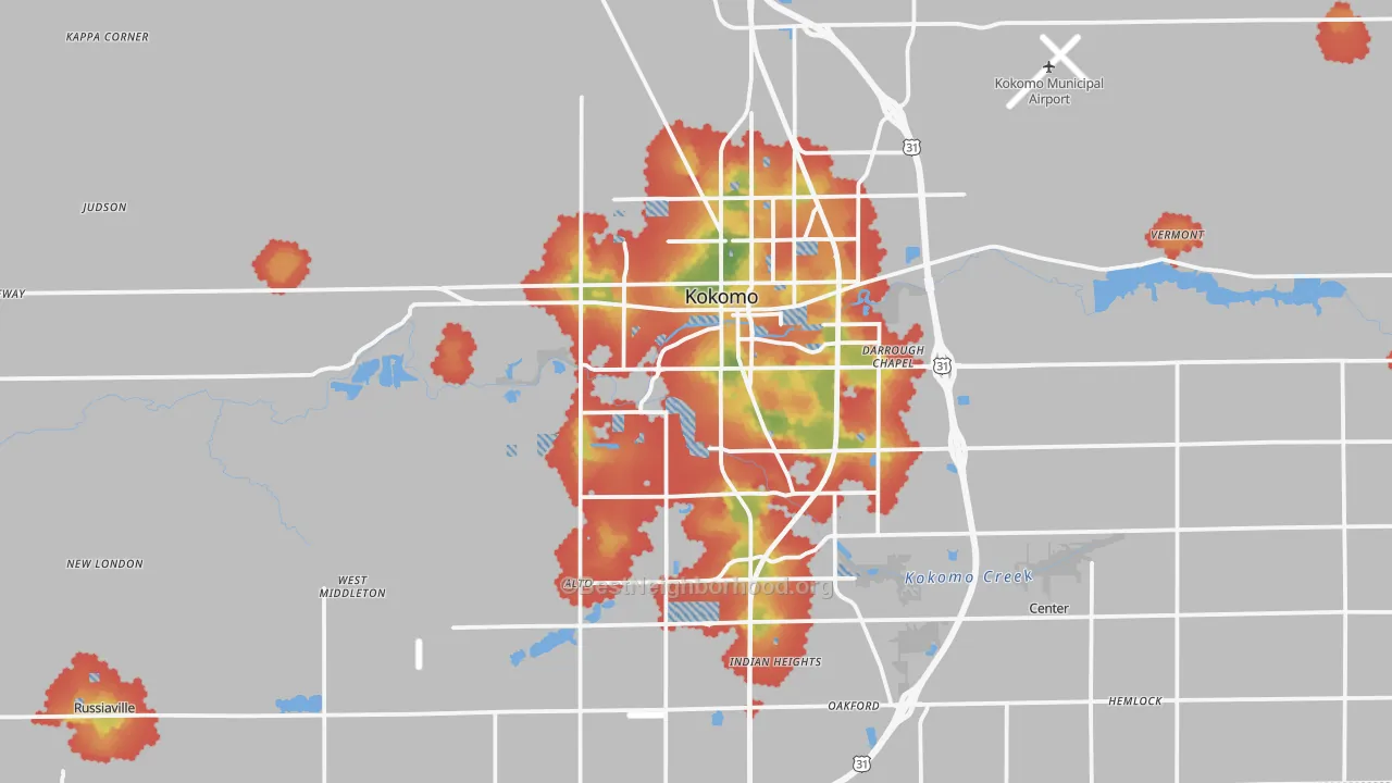 Walk Grade map of Kokomo, IN, walkable areas in green and car-dependent areas in red
