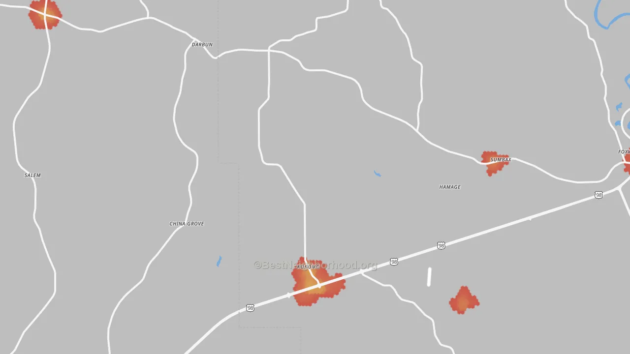 Walk Grade map of Kokomo, MS, walkable areas in green and car-dependent areas in red