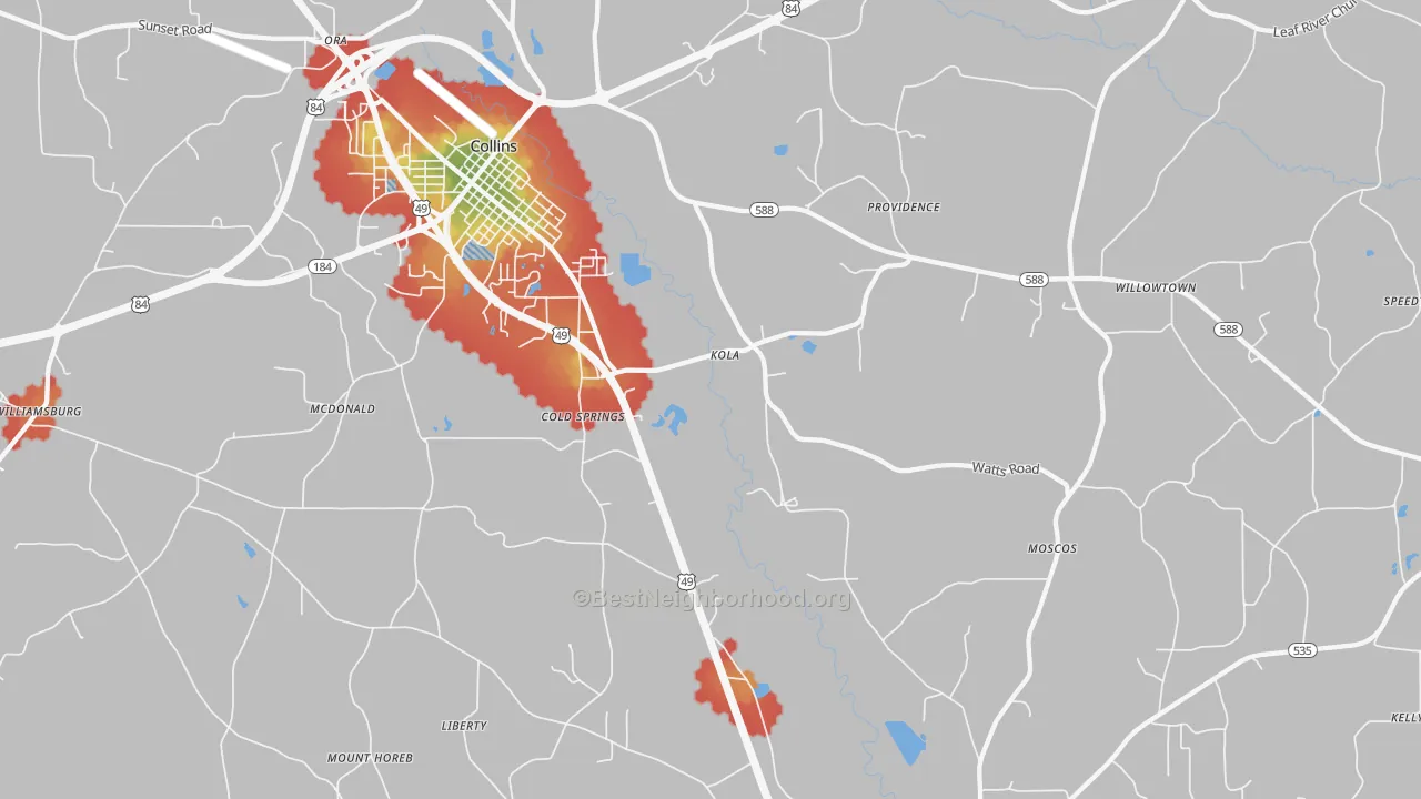 Walk Grade map of Kola, MS, walkable areas in green and car-dependent areas in red