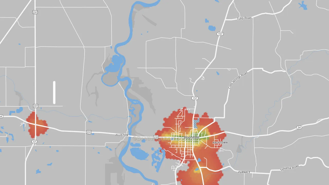 Walk Grade map of Koleen, IN, walkable areas in green and car-dependent areas in red