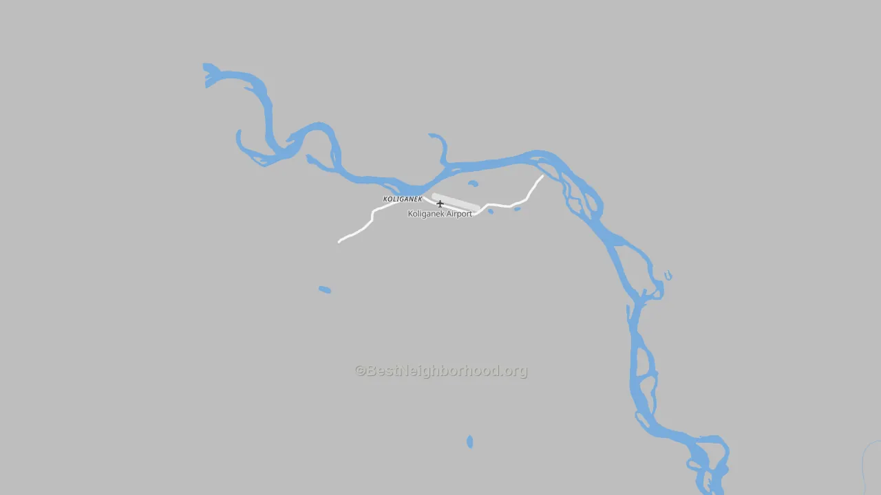 Walk Grade map of Koliganek, AK, walkable areas in green and car-dependent areas in red