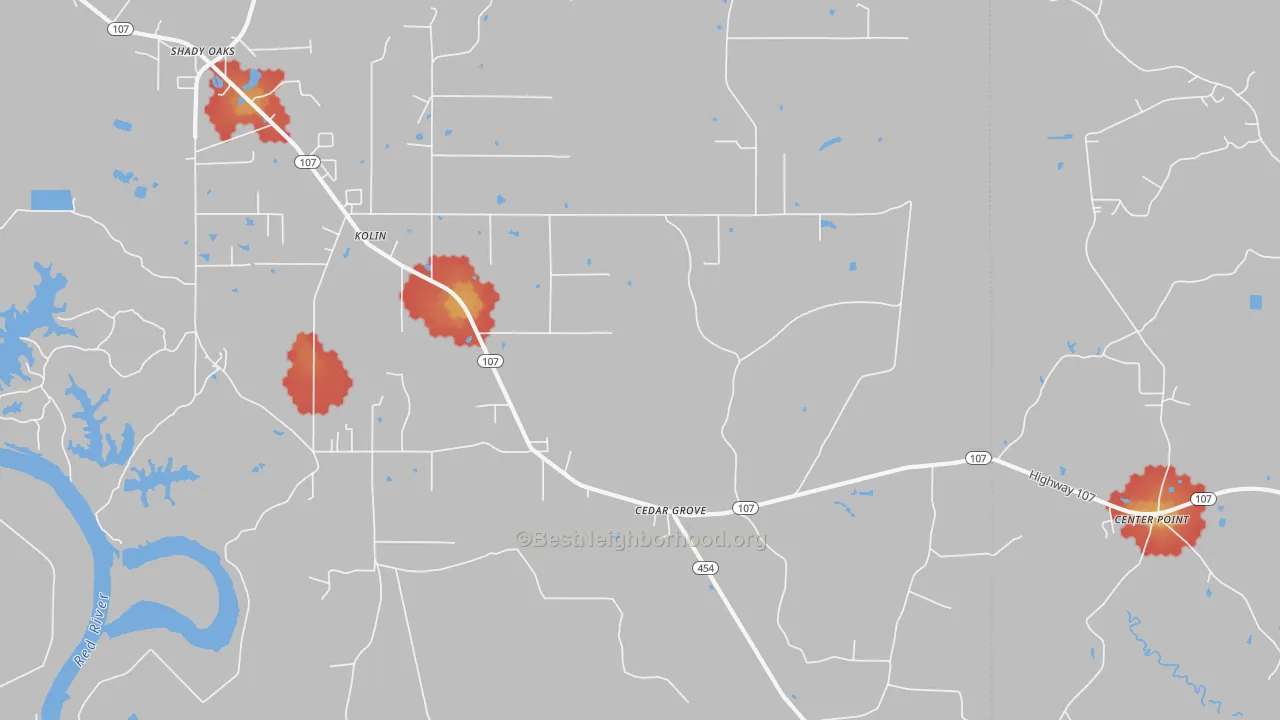 Walk Grade map of Kolin, LA, walkable areas in green and car-dependent areas in red