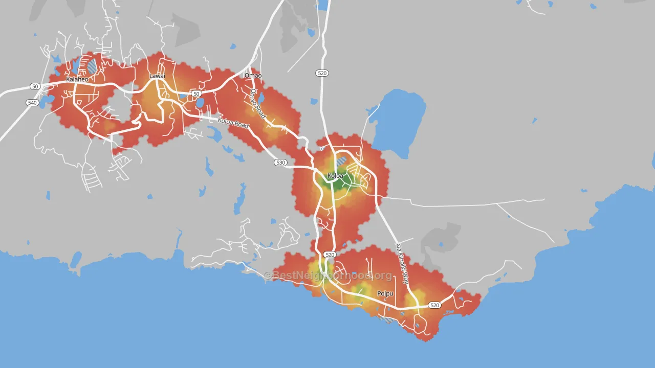 Walk Grade map of Koloa, HI, walkable areas in green and car-dependent areas in red