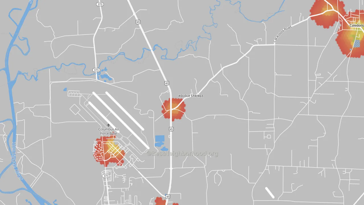 Walk Grade map of Kolola Springs, MS, walkable areas in green and car-dependent areas in red