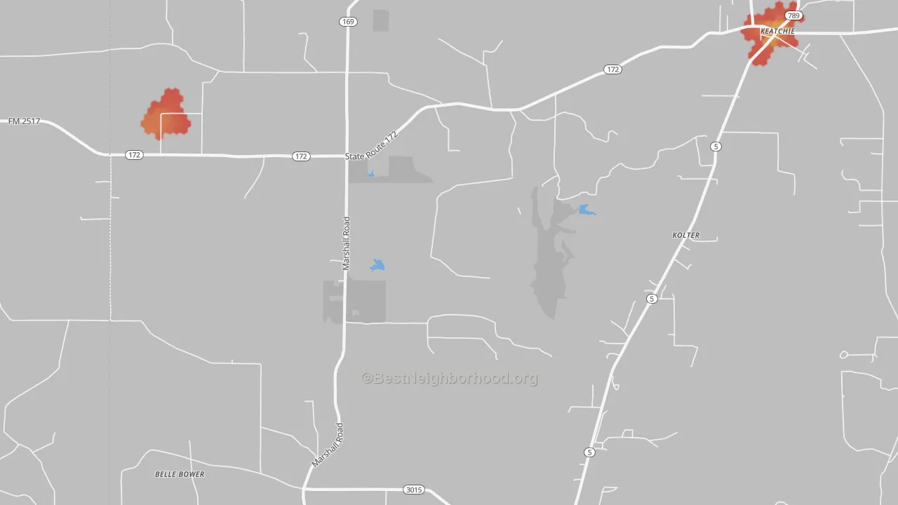 Walk Grade map of Kolter, LA, walkable areas in green and car-dependent areas in red