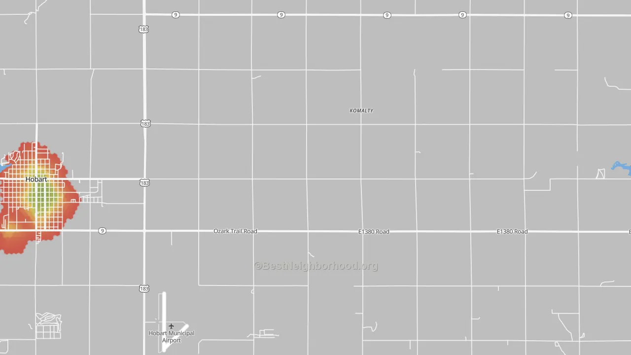 Walk Grade map of Komalty, OK, walkable areas in green and car-dependent areas in red