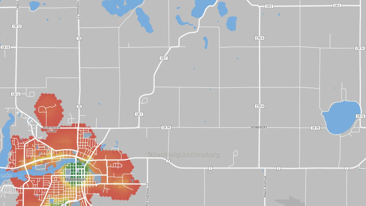 Walk Grade map of Komensky, MN, walkable areas in green and car-dependent areas in red