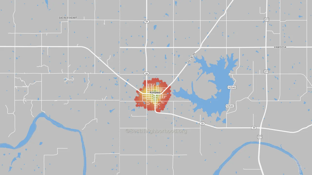 Walk Grade map of Konawa, OK, walkable areas in green and car-dependent areas in red