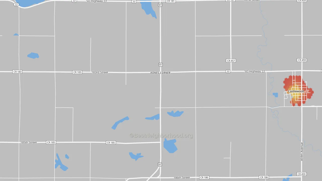 Walk Grade map of Kones Corner, SD, walkable areas in green and car-dependent areas in red